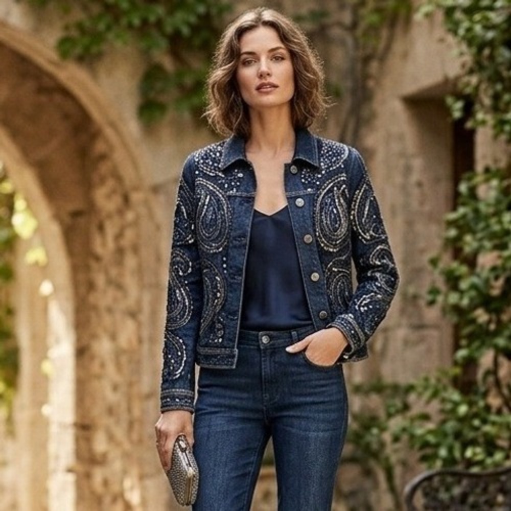 Vie by Victor la Royal Beaded Denim Jacket Womens 10‎ Blue Sequin Paisley Glam